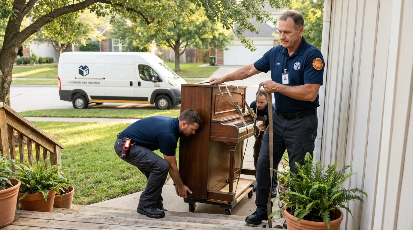Licensed piano movers securing grand piano in Wills Point, TX