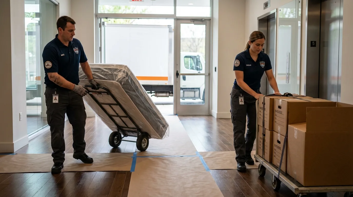 Professional apartment movers loading elevator in Wills Point, TX